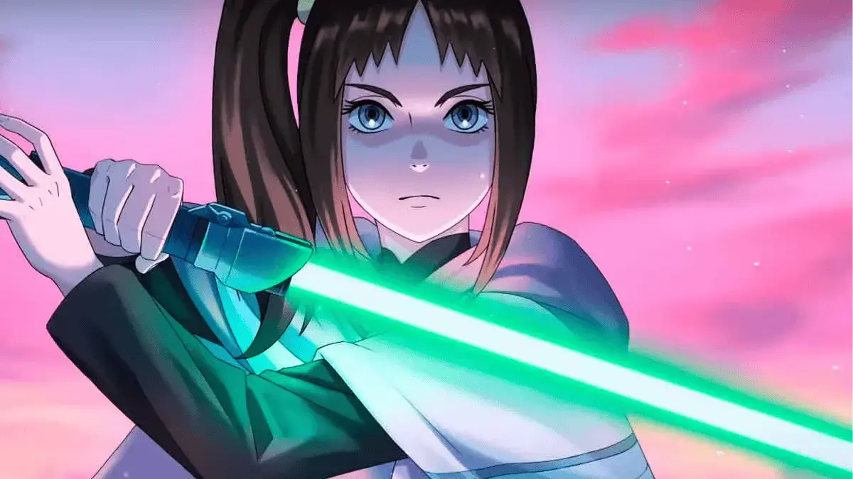Image is of Kara from Star Wars The Ninth Jedi holding a lightsaber.