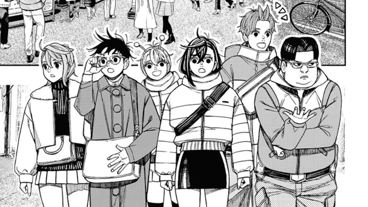 Momo, Okarun, Jiji, Aira, Kinta, and Vamola as seen in the new chapter.