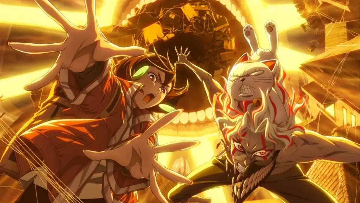 Image is of Momo, Okarun, and Turbo Granny from Dandadan