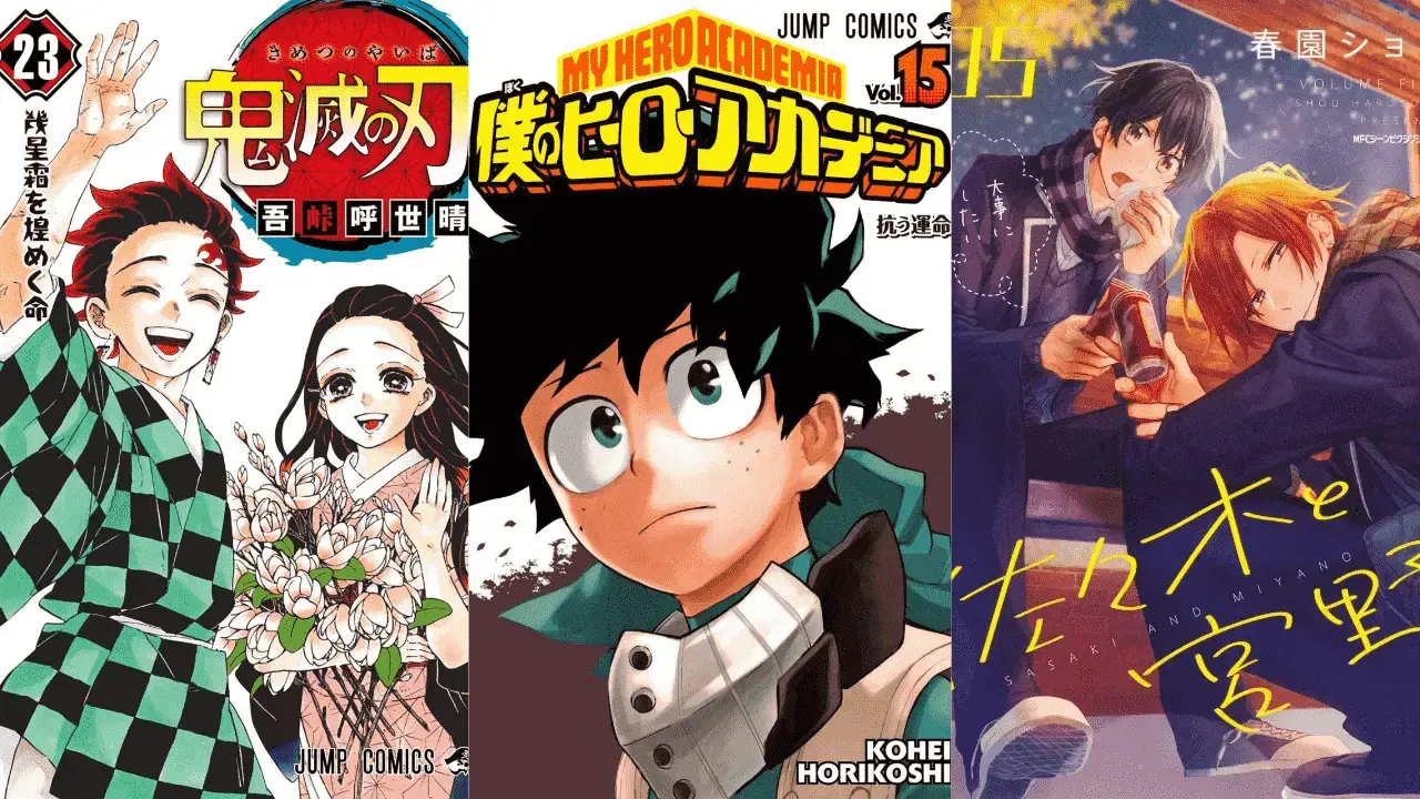 Demon Slayer, My Hero Academia, and Sasaki to Miyano volume covers.