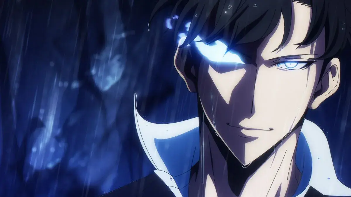 Sung Jinwoo's eyes glow with power as the Shadow Monarch.
