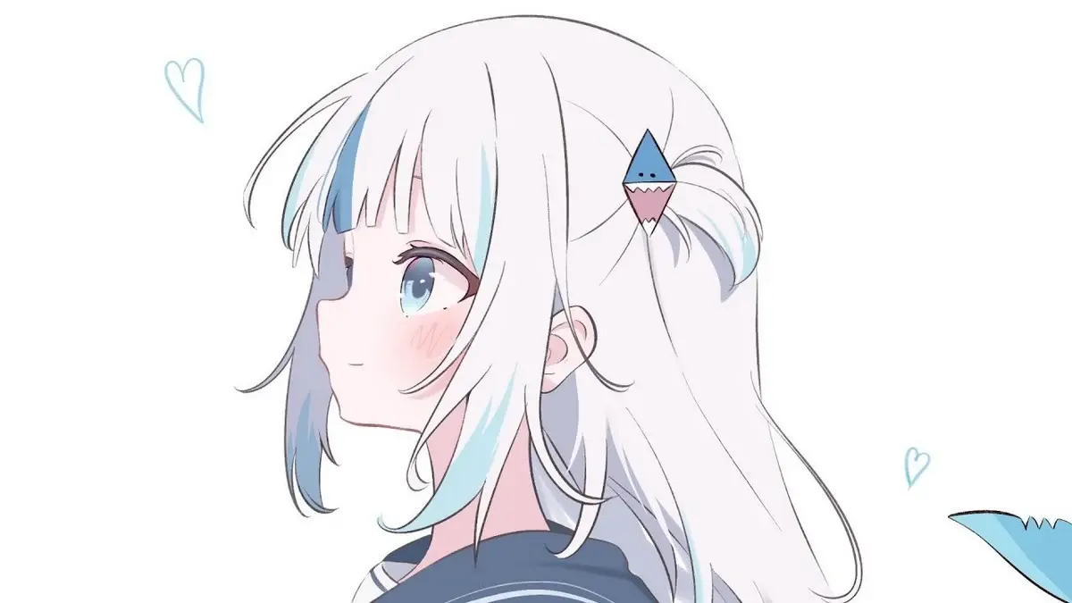 Image of Gawr Gura looking left taken from the cover of her important announcement stream 