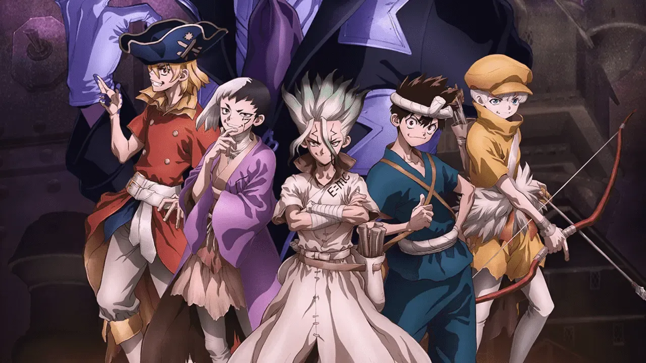 Senku and other characters as seen in the anime.