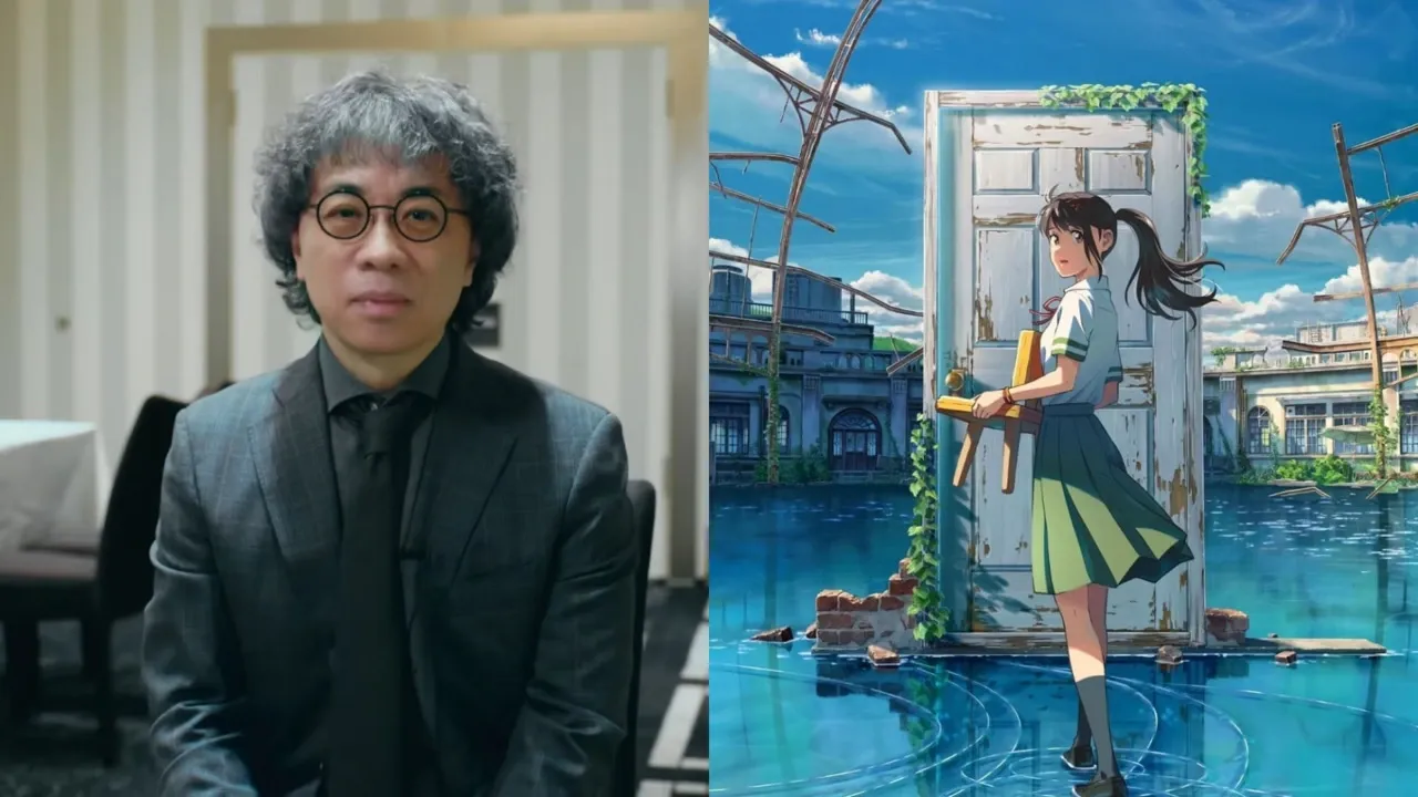 Makoto Shinkai and his previous movie Suzume's key visual.